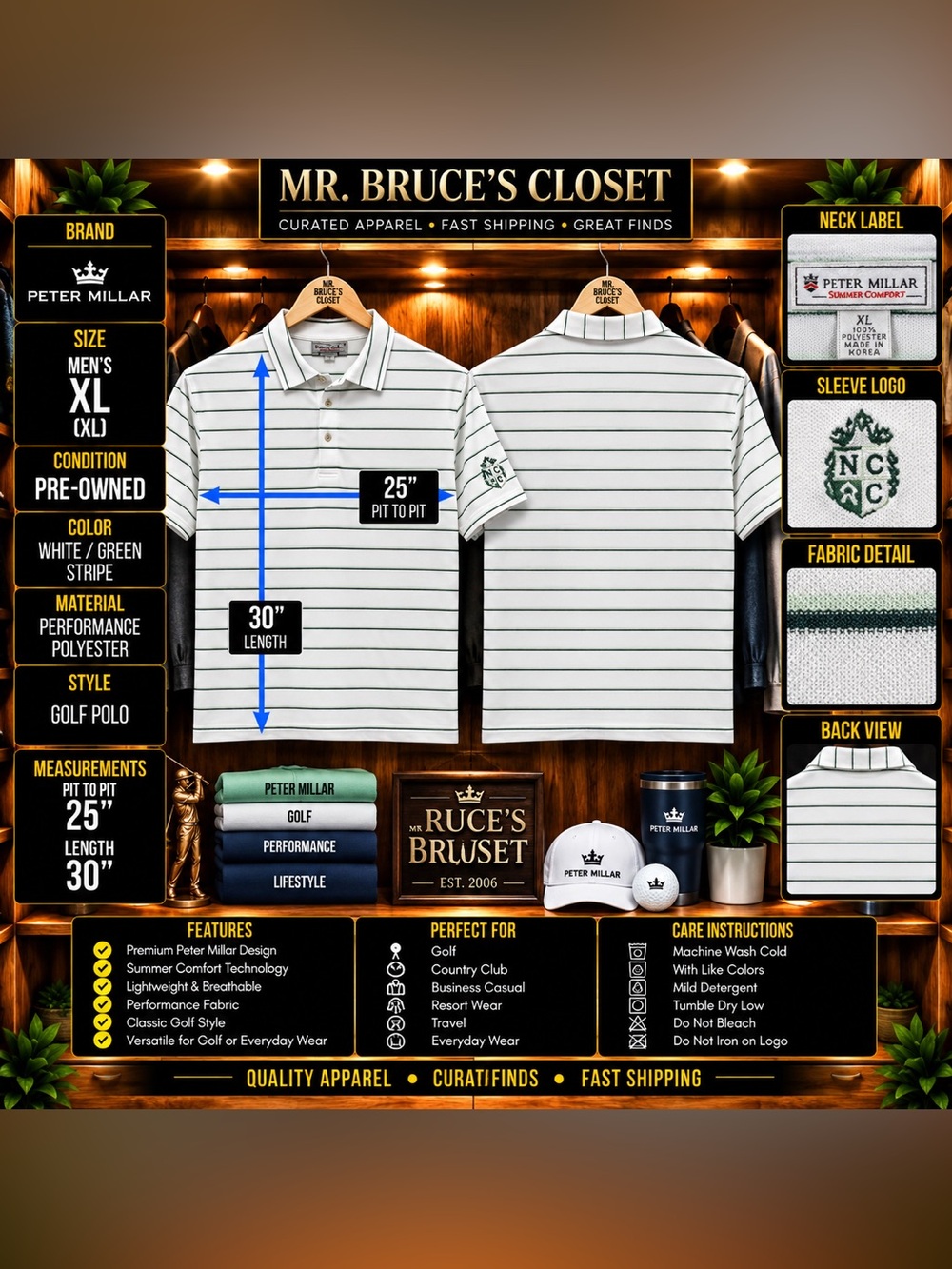 Peter Millar White Polo with Thin Green Stripes and Contrast Collar